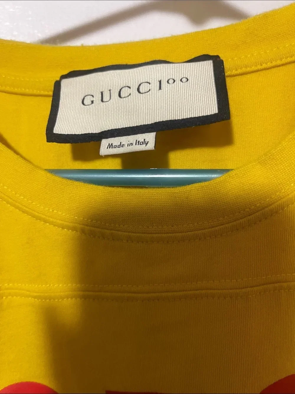 Gucci Yellow Graphic '22705 Songs' Tee with Blue Stripes large